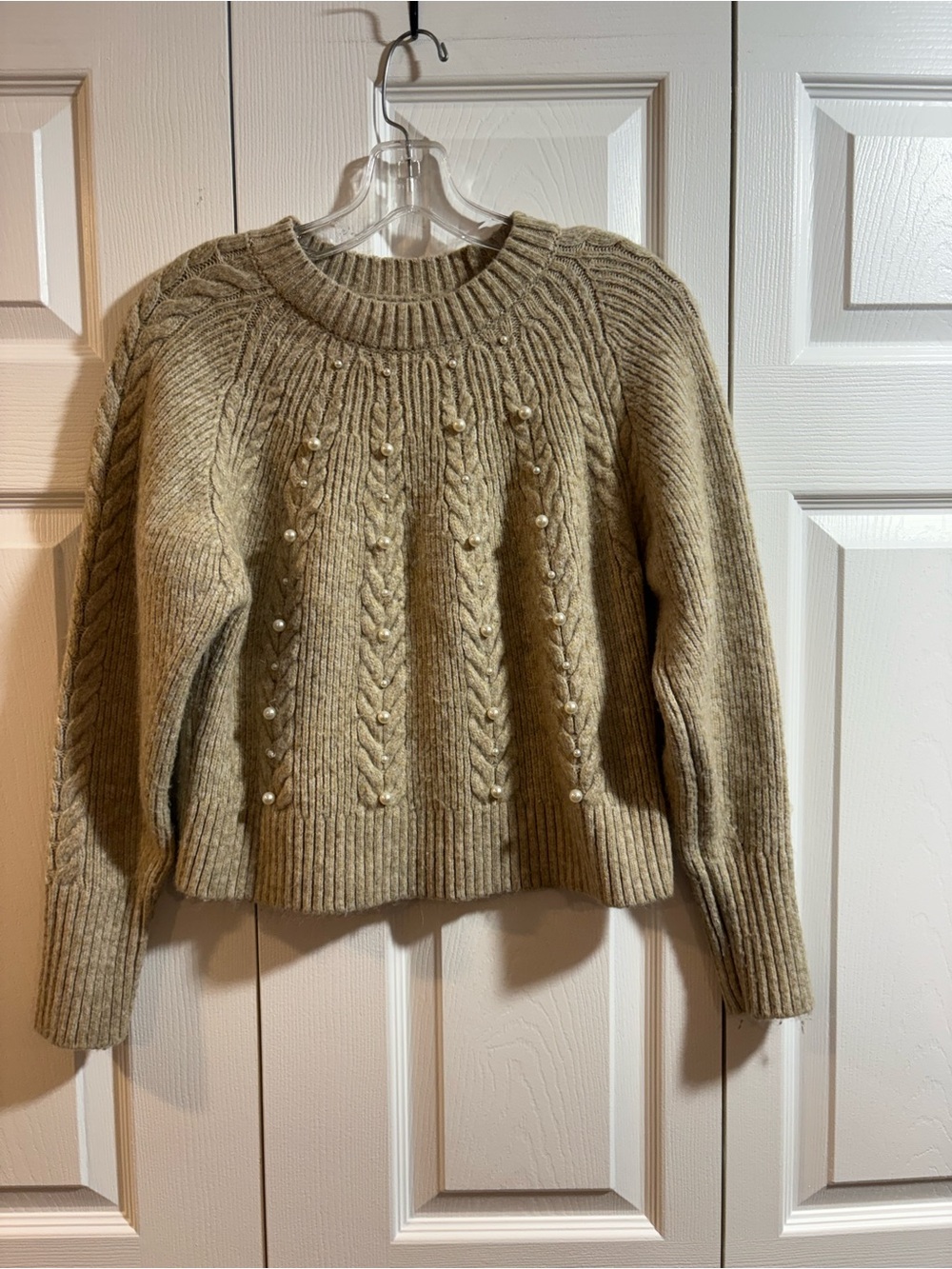 Pearl-Accent Cable Knit Crewneck Sweater in oatmeal coquette romantic academia